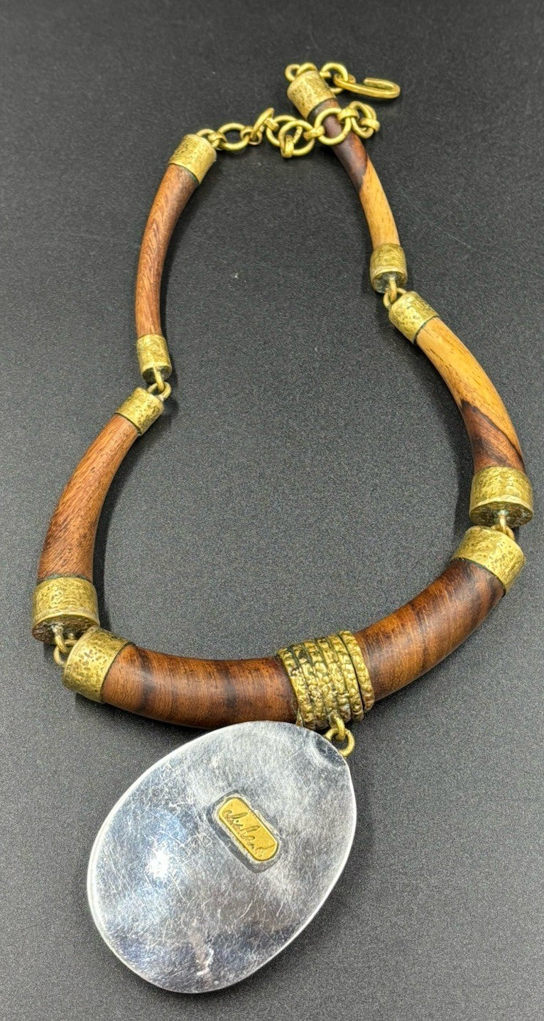 Amethyst Pendant Silver Tone  Wooden Gold Accents Necklace, Handmade “Large”