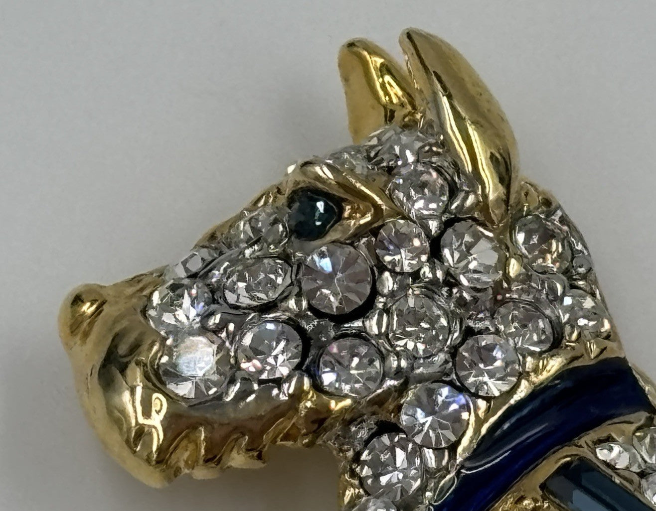 Vintage Crystal Terrier Dog Brooch Gold Tone Blue Enamel 3.5cm
