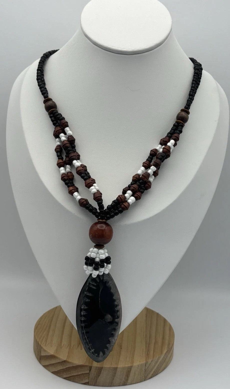 Tribal Shell Pendant Necklace Cowrie Style Beaded Black Brown White Boho Jewelry