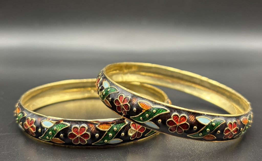 Vintage Cloisonne Enamel Bangles Floral Gold Tone Pair Collectible Asian Style