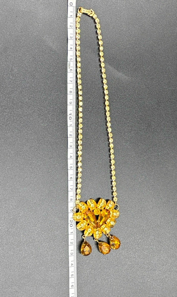 Vintage Amber Glass Rhinestone Necklace Gold Tone Mid Century Statement Jewelry