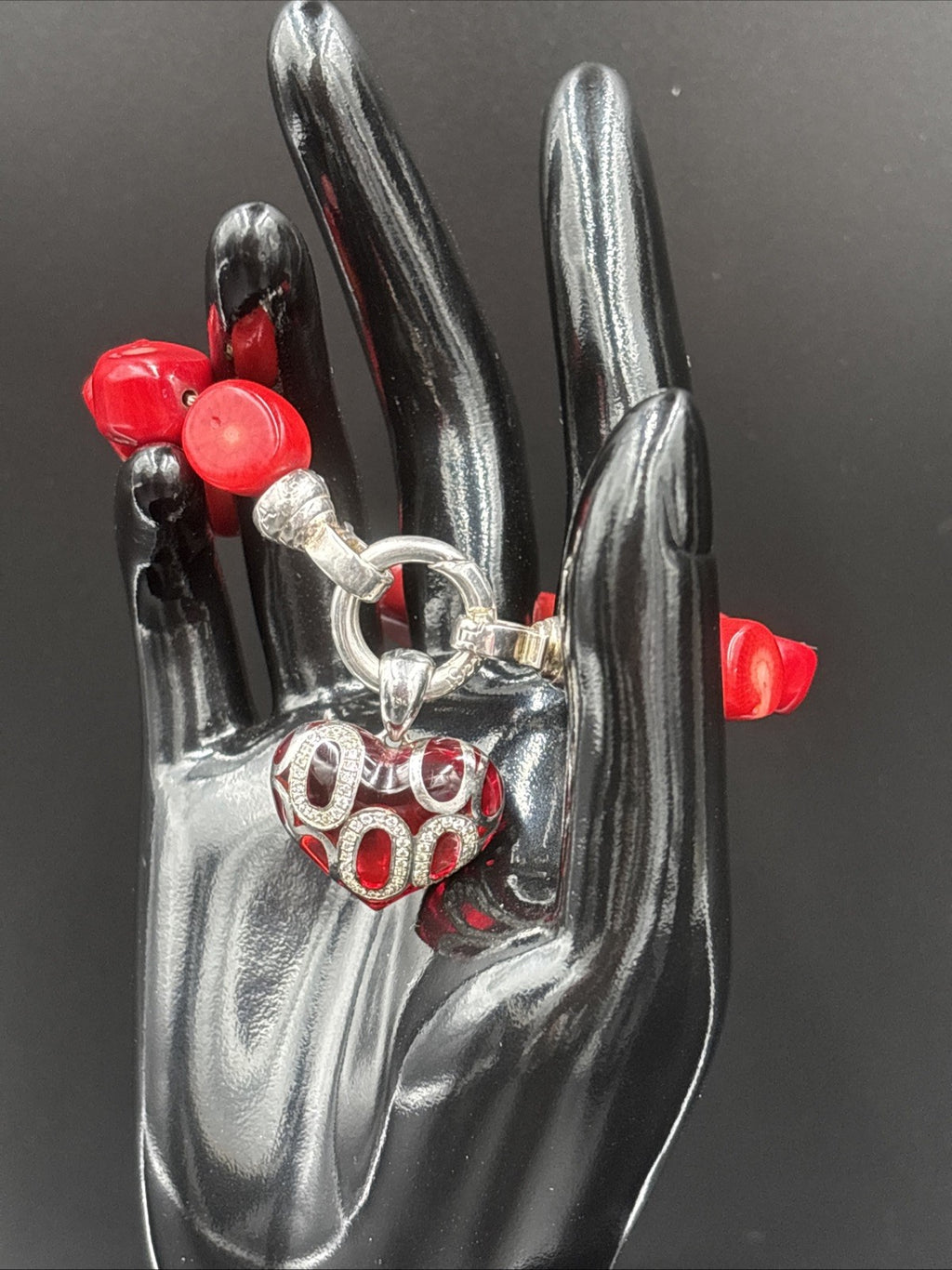 Kagi Red Bamboo Coral Silver Bracelet With A Silver Love Heart Charm