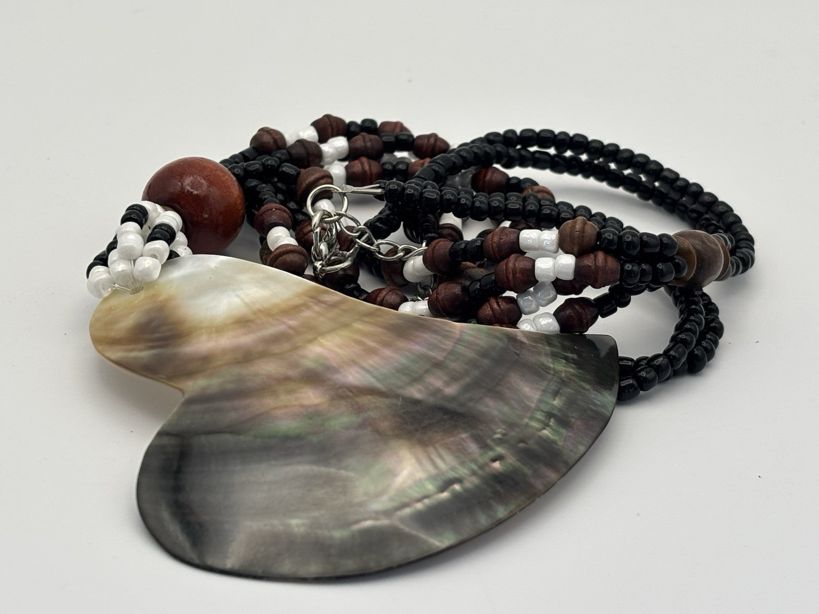 Vintage Boho Necklace Abalone Shell Pendant Beads Wood Black White Jewelry