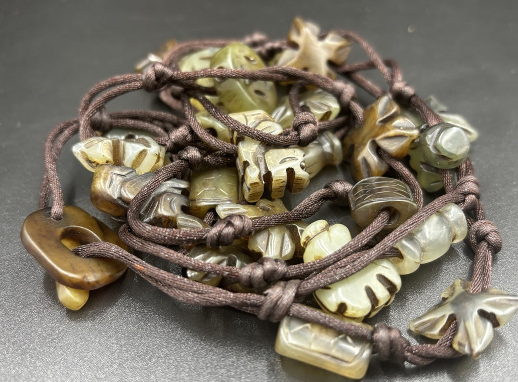 Vintage Serpentine Stone Necklace Carved Tribal Folk Beads Multi Strand Jewelry