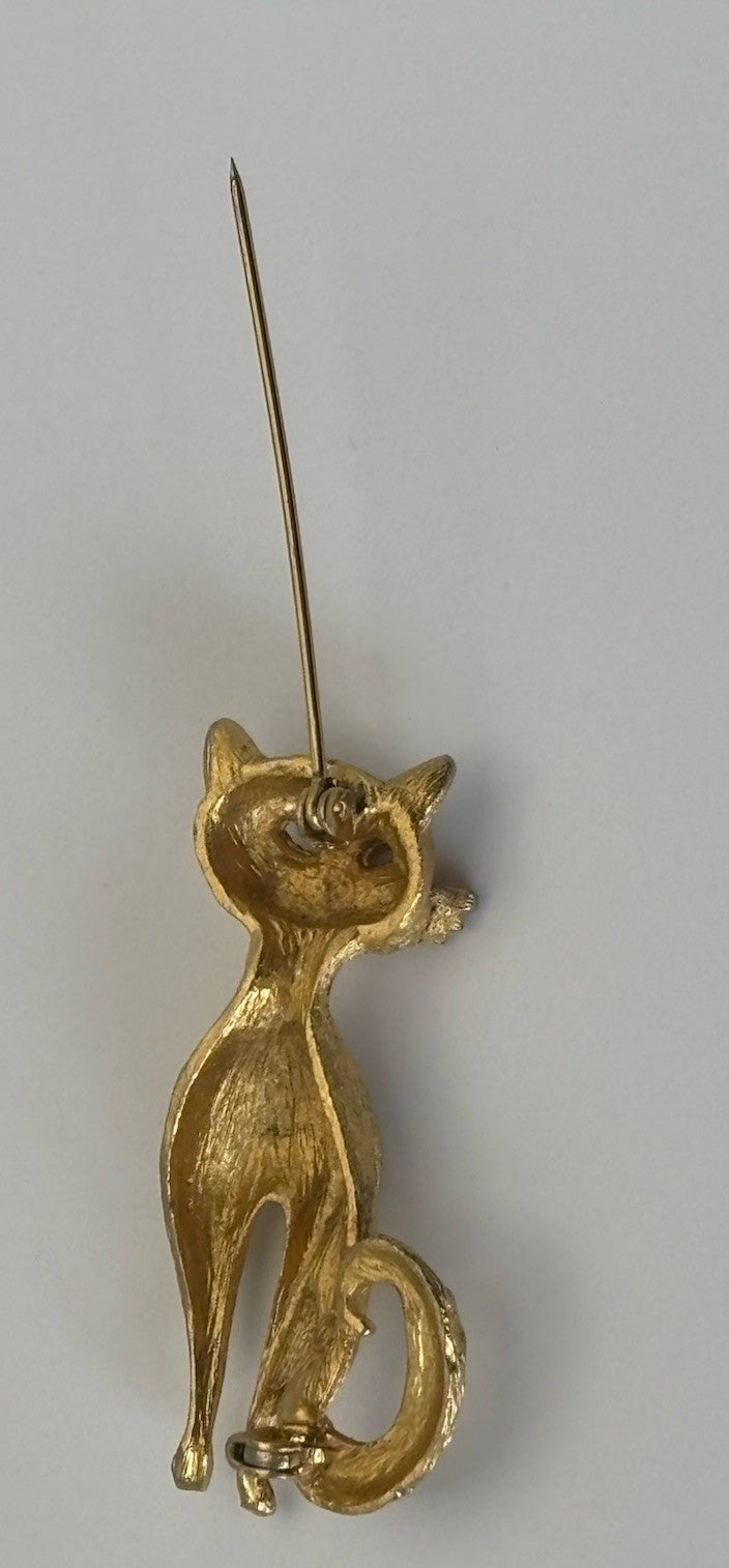 Vintage B.S.K Cat Brooch Gold Tone Figural Kitty Pin 1950s Signed