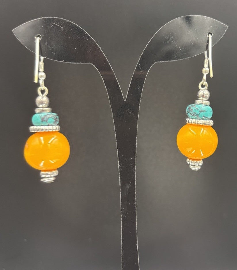 Vintage Boho Dangle Earrings – Faux Amber & Turquoise Beads, Tribal Silver Tone