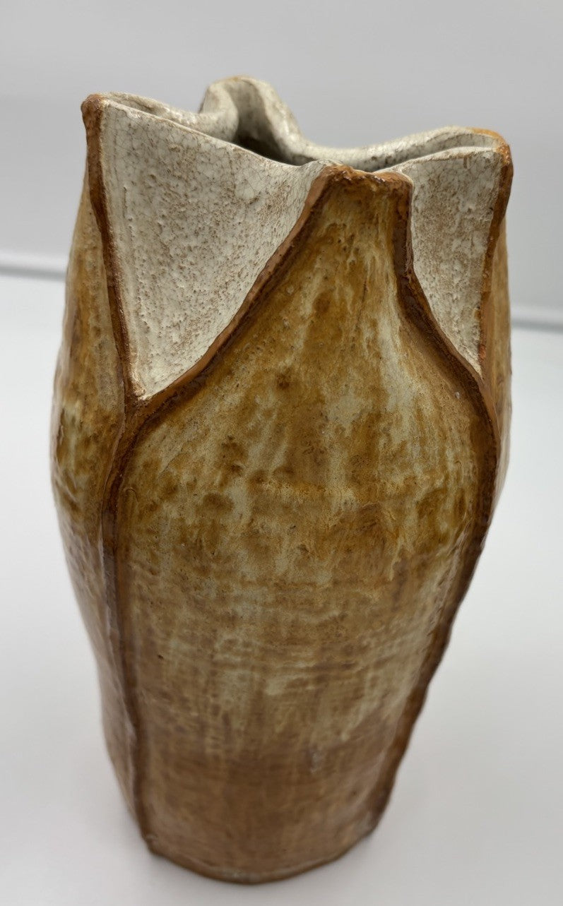 Large Vintage Studio Pottery Vase Sculptural Organic Petal Rim Brown Glaze