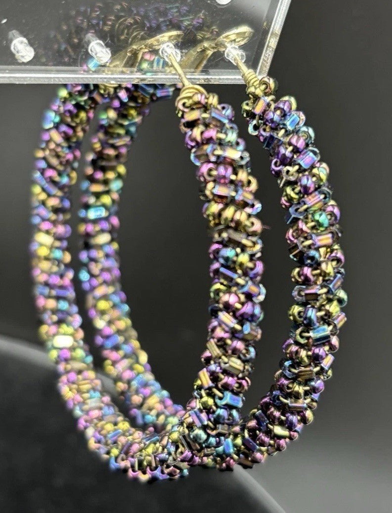 Vtg Earrings Kumihimo Beaded Peacock Earrings Large Multicoloured. ￼
