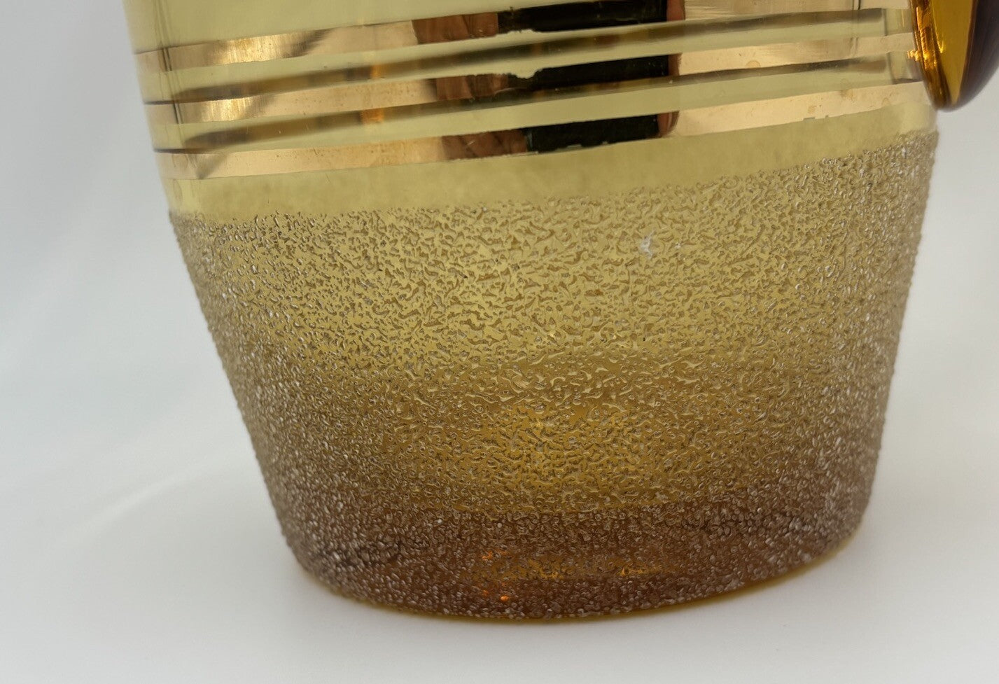 Vintage Amber Glass Pitcher & 4 Tumblers Gold Leaf Etched MCM Barware Set