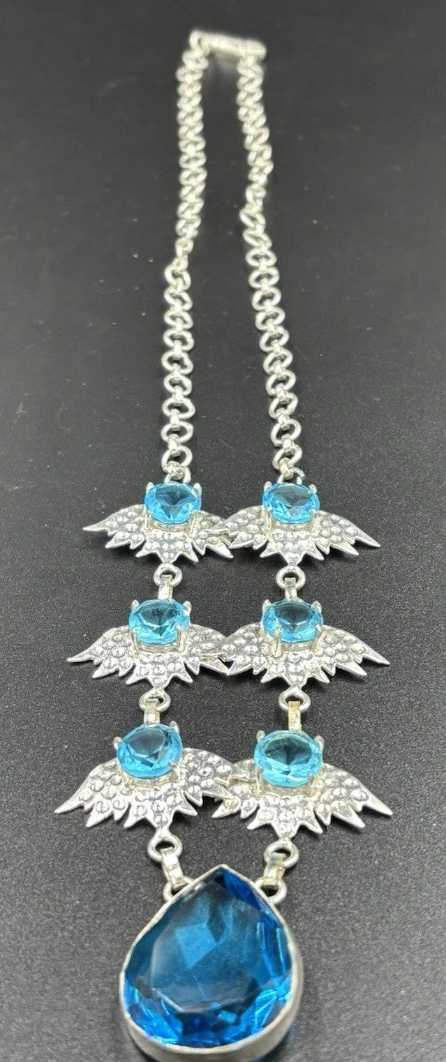 Sterling Silver Blue Crystal Angel Wings Necklace Gothic Statement 925