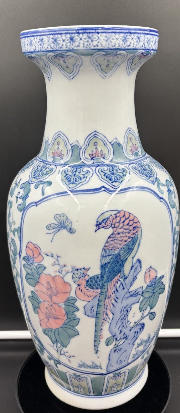 Vintage Chinese Porcelain Vase Blue Famille Rose Bird Peony Large 42cm Decor
