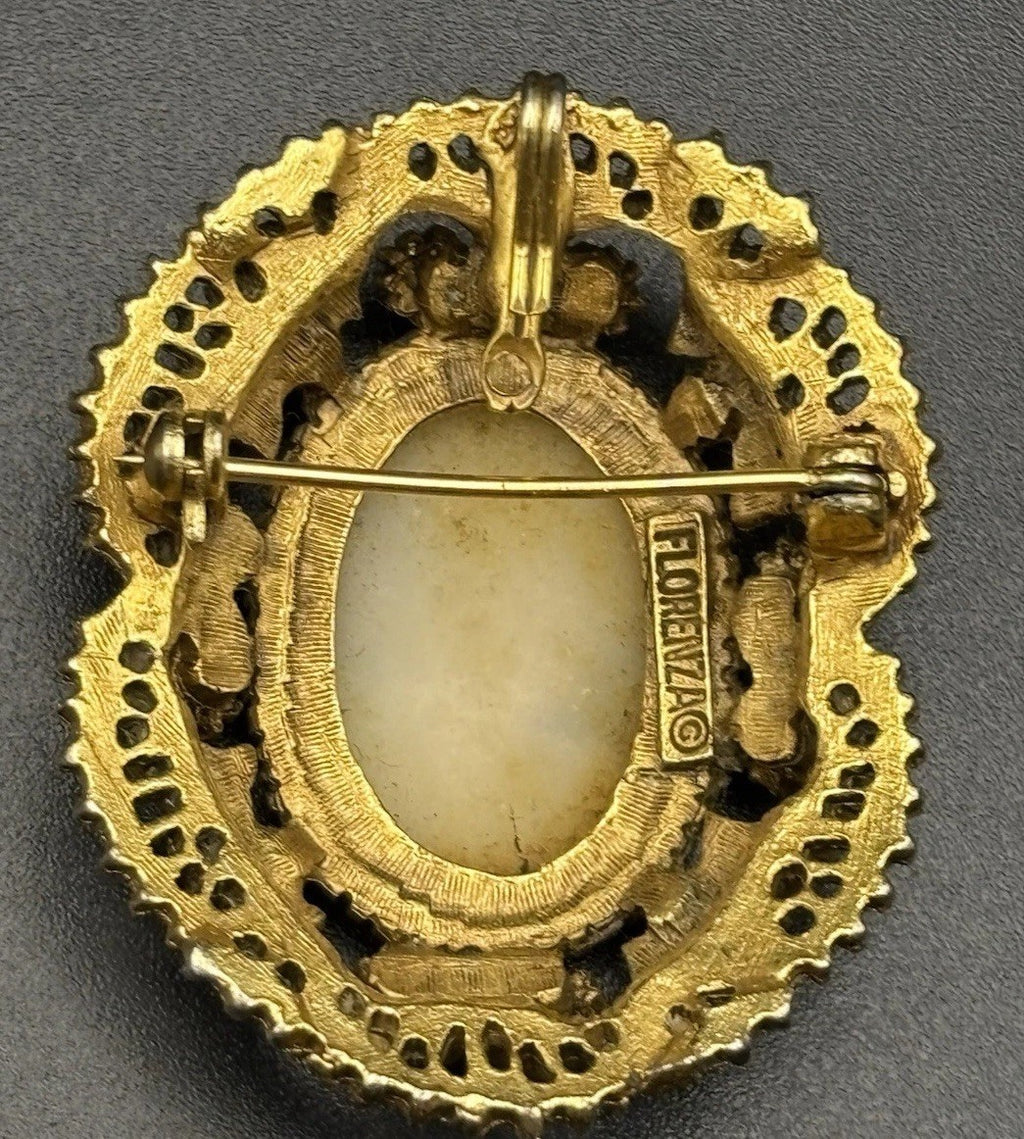 Vintage Florenza Cameo Brooch Faux Pearl Gold Tone Pendant
