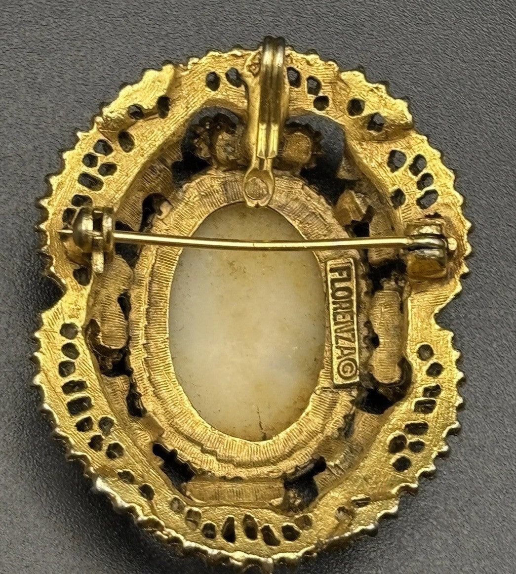 Vintage Florenza Cameo Brooch Faux Pearl Gold Tone Pendant