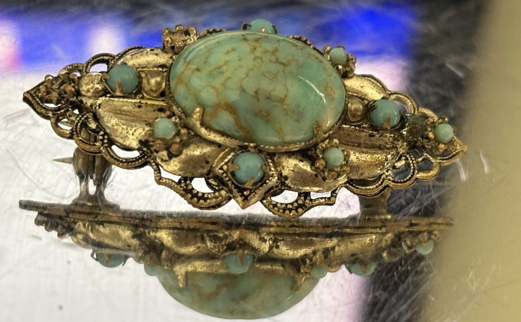 Vintage Turquoise Glass Filigree Bar Brooch Silver Tone Antique Style