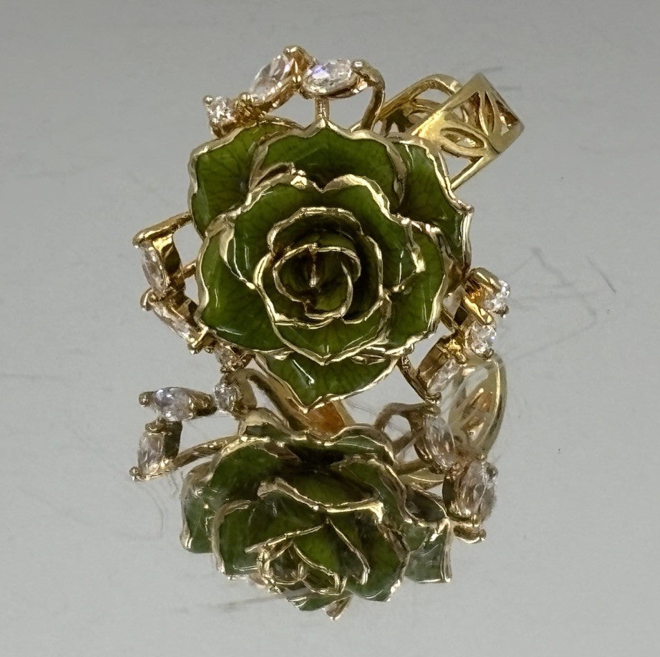 Green Enamel Rose Cocktail Ring Gold Tone Marquise Rhinestone Statement Jewelry