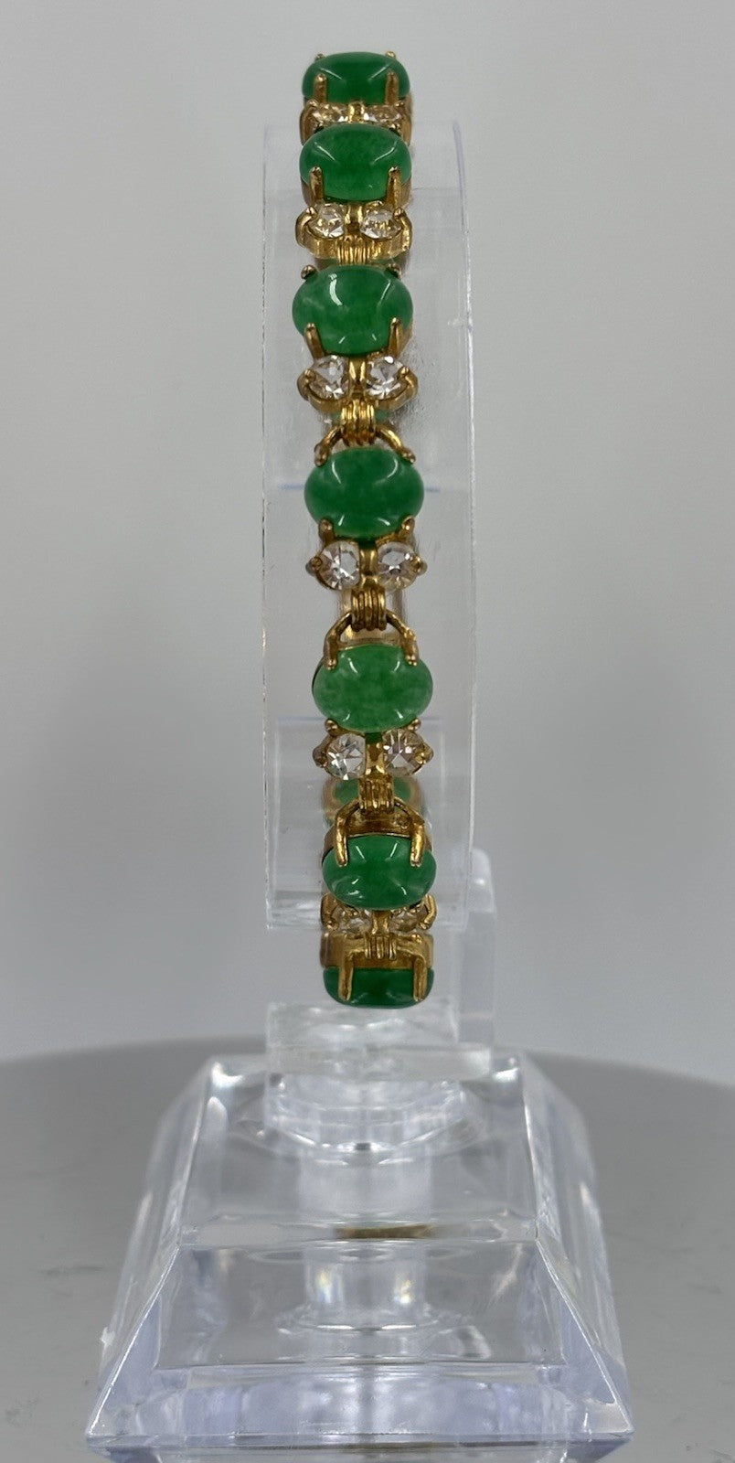 Vintage Natural Jade Bracelet Gold Tone Cubic Accents Elegant Classic Jewelry