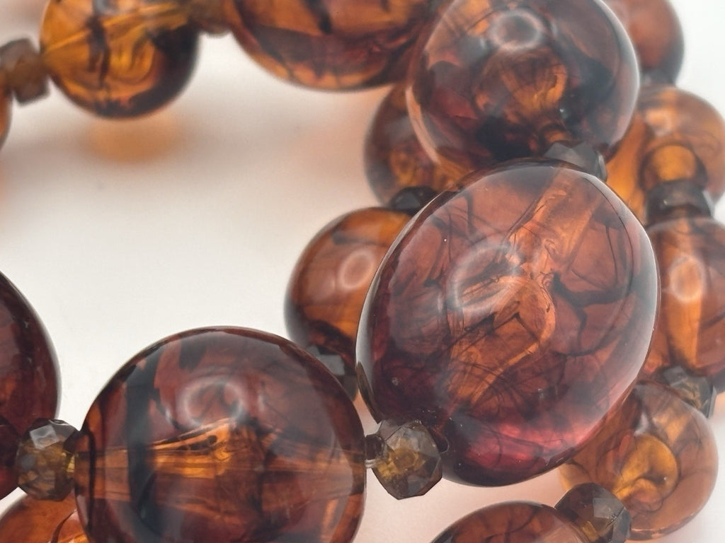 Vintage Lucite Faux Amber Bead Necklace 76cm Mid Century Swirled Resin Jewelry