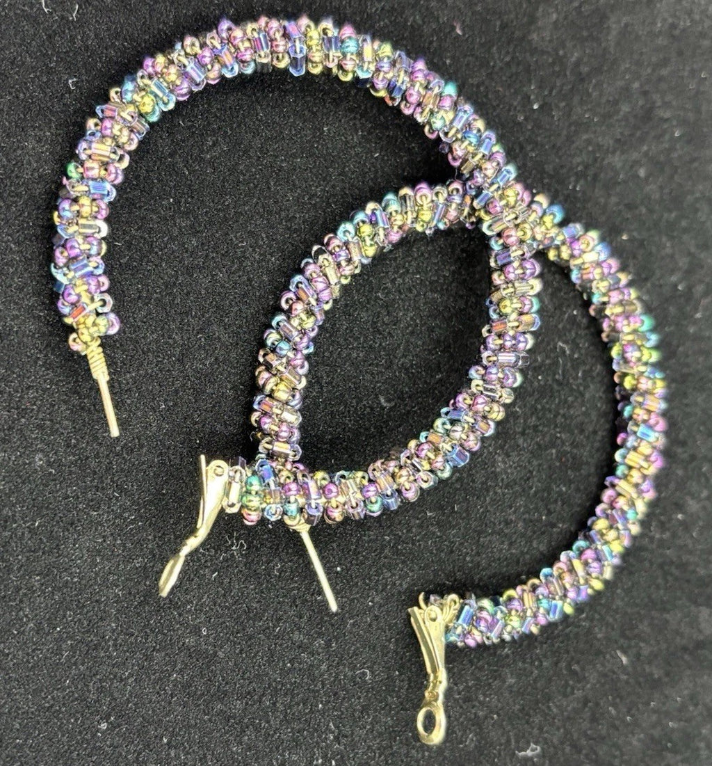 Vtg Earrings Kumihimo Beaded Peacock Earrings Large Multicoloured. ￼