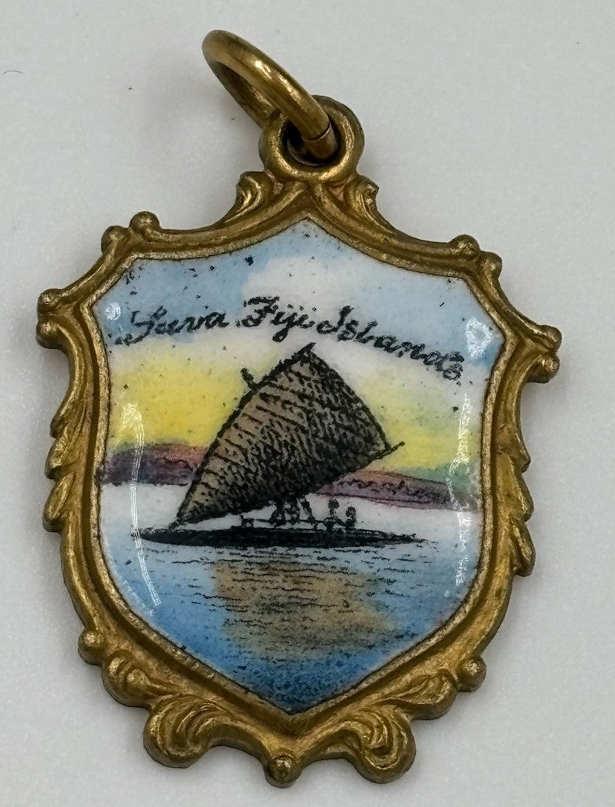 Rare Vintage Enamel Shield Charm Suva Fiji Islands EP Travel Souvenir Pendant