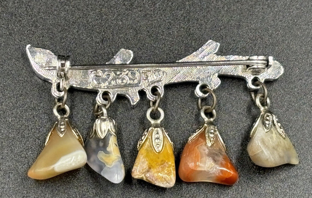 Vtg Silver Tone Branch Multiple Agate Gem Stones Dangling Brooch Signed