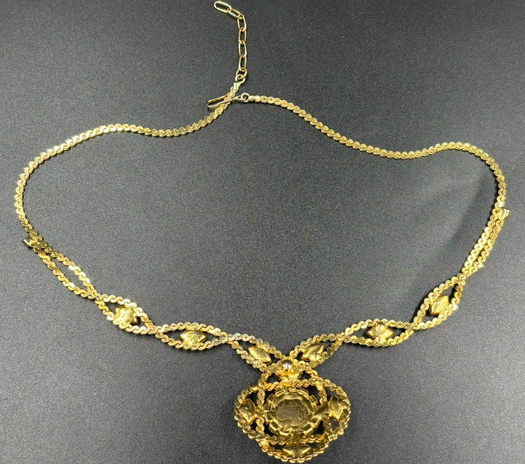 Vintage Cognac Amber Diamanté Statement Necklace Gold Tone.