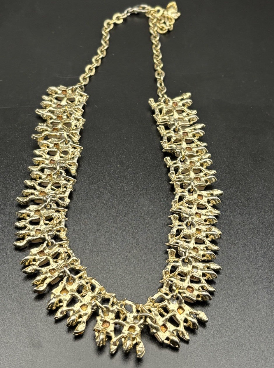 Vintage 1960s Gold Tone Leaf Lucite AB Rhinestone Necklace