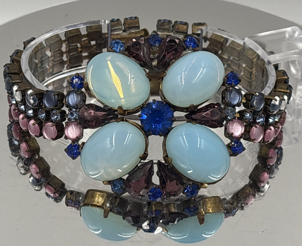 Husár D Vintage Opal Glass Rhinestone Bracelet Floral Czech Designer Jewelry