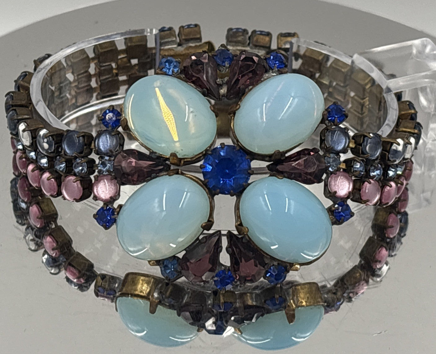 Husár D Vintage Opal Glass Rhinestone Bracelet Floral Czech Designer Jewelry