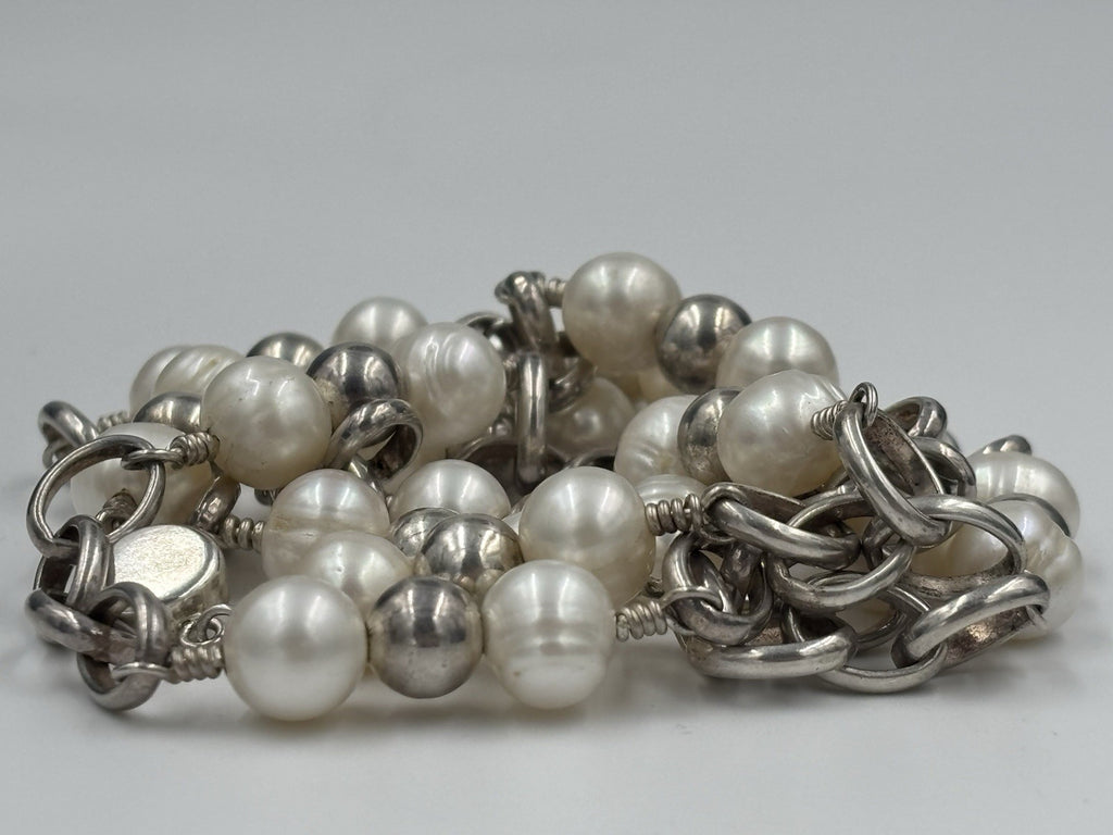 Vintage 925 Sterling Silver 10mm Freshwater Pearl Station Necklace 88cm