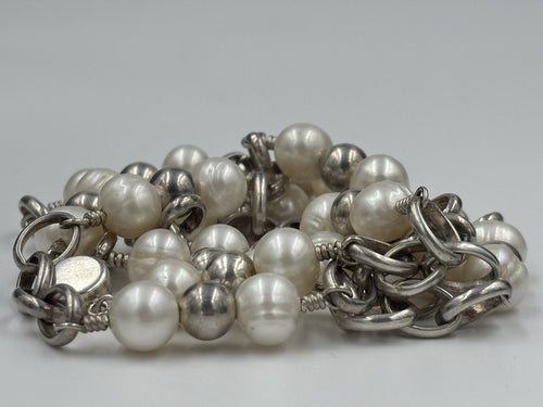 Vintage 925 sterling silver freshwater pearl station necklace 10mm long 88cm