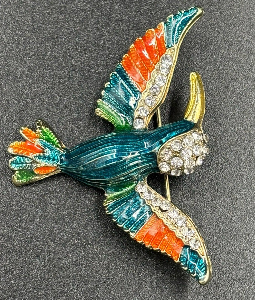 Vtg Enamel Blue Bird  Brooch Bright In Colour Clear Crystal Glass Rhinestones