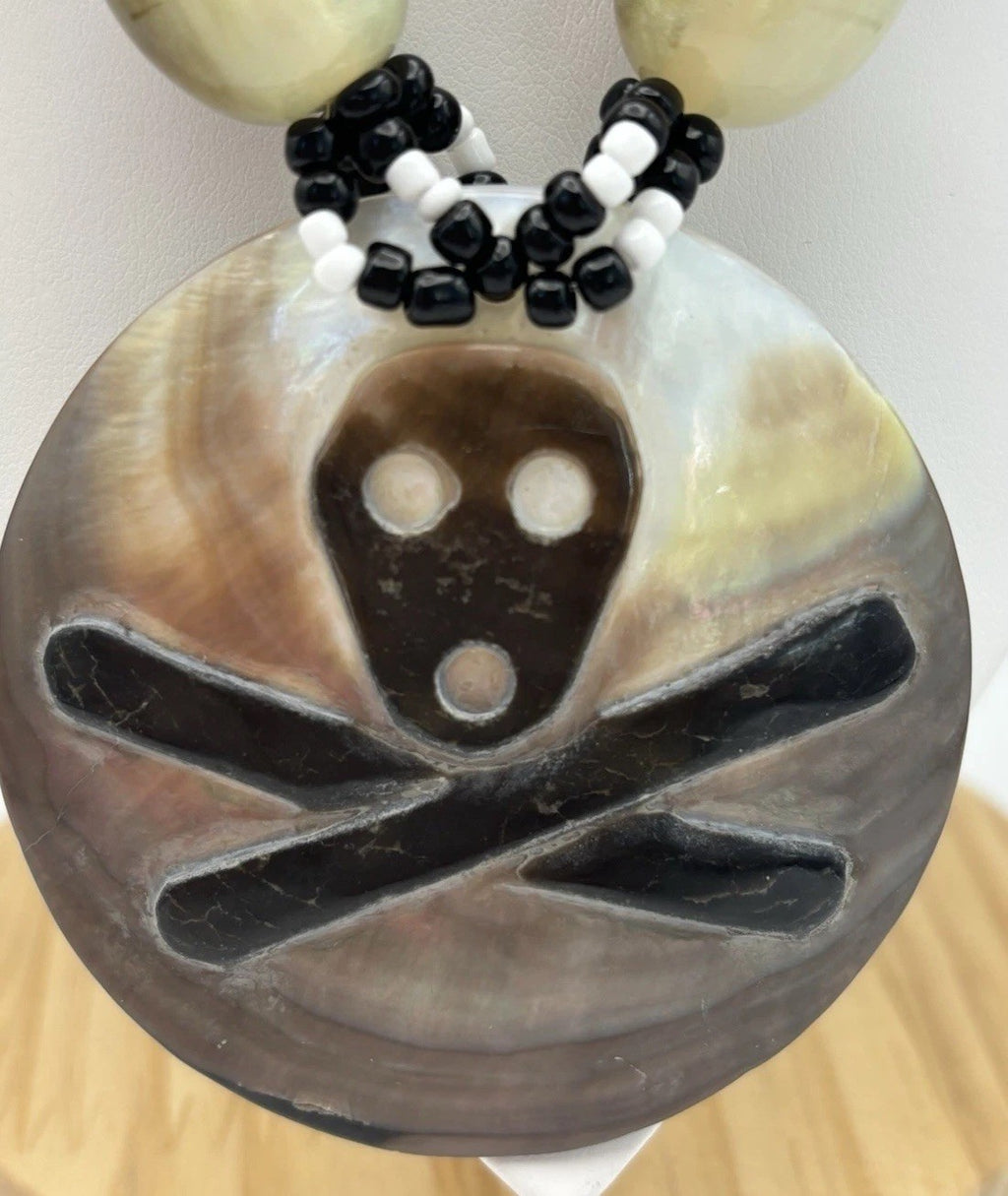 Tribal Skull Crossbones Shell Pendant Necklace Beaded Gothic Boho Statement