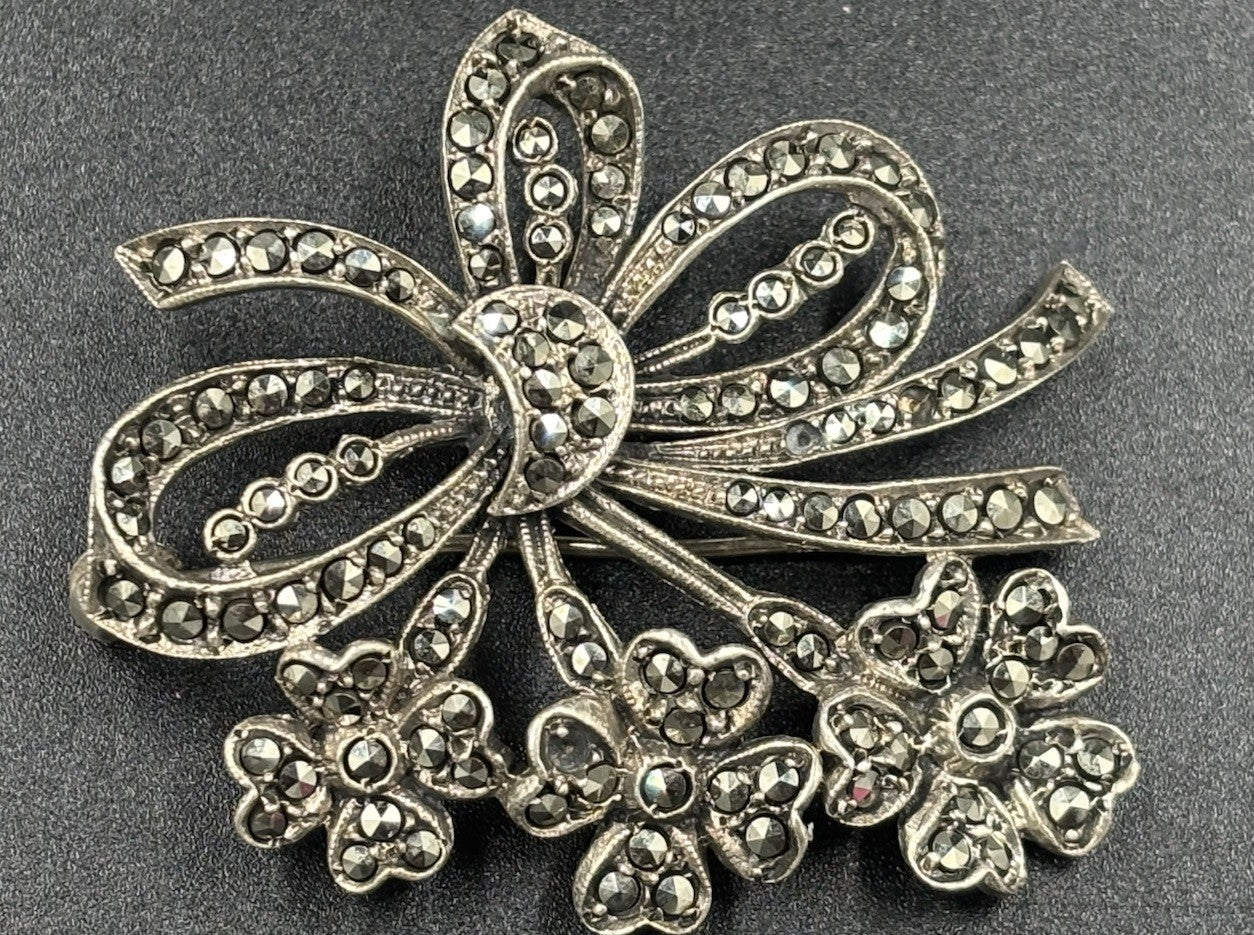 Vintage 835 Silver Marcasite Floral & Bow Brooch Marked