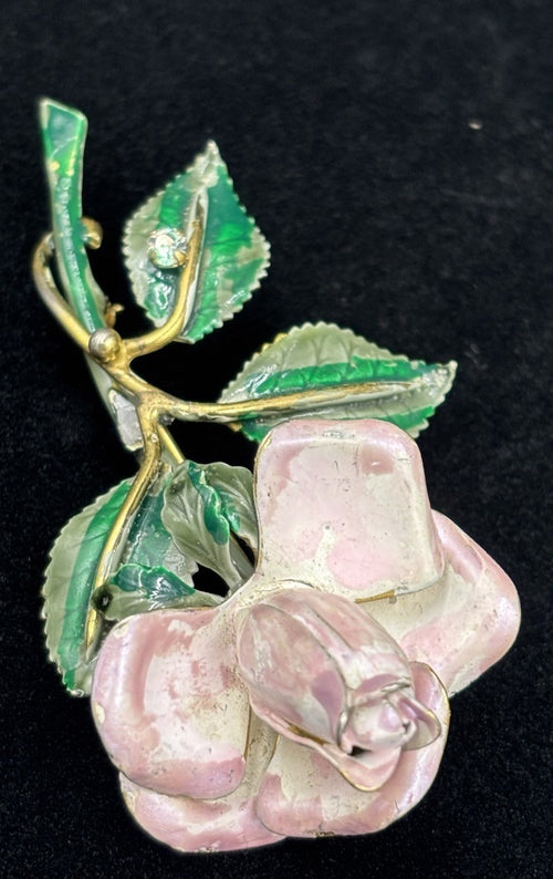 Rare Sandor Goldberger Pink Enamel Rose Brooch Pin Gold Tone Vintage