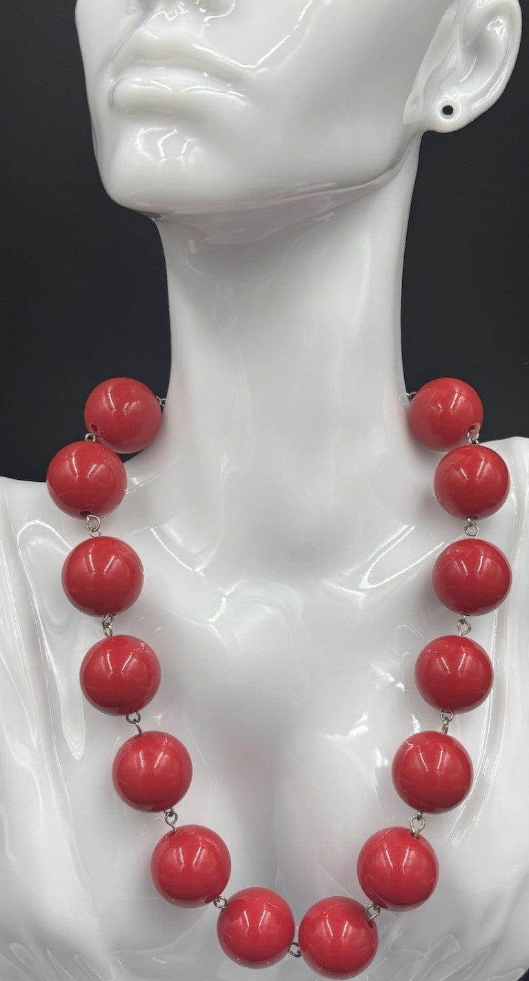 Vintage Retro Red Ceramic Bead Necklace Bold Statement Jewelry
