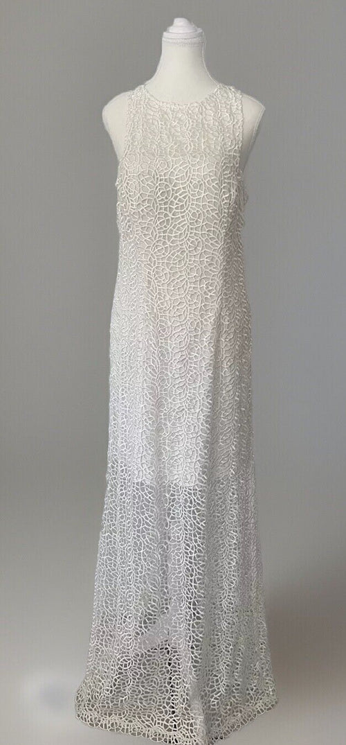 White lace formal dress, back view