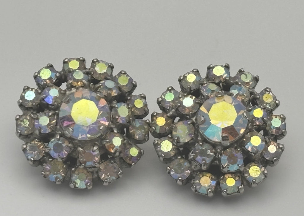 Rare Vintage Aurora Borealis Crystal Cluster Earrings Clip On Couture Statement”