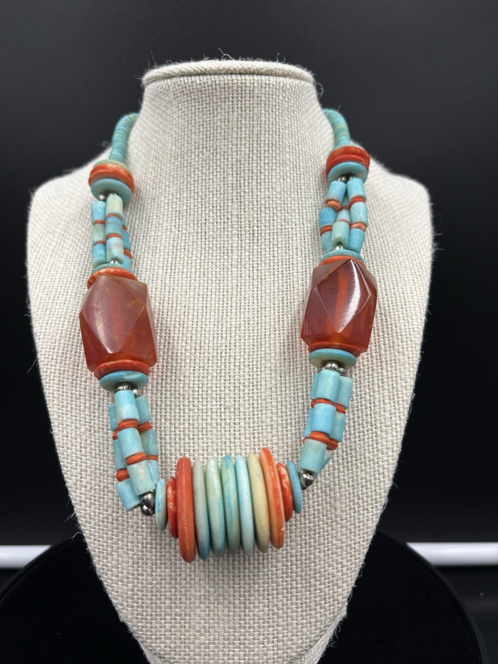 Vintage Tribal Necklace Red Resin & Turquoise Beads Statement Jewelry