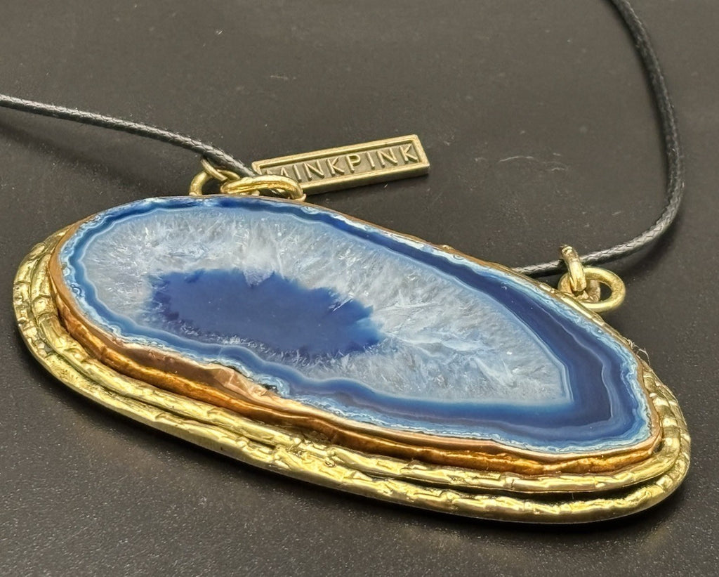Minkpink Oversized Blue Agate Slice Gold Frame Necklace