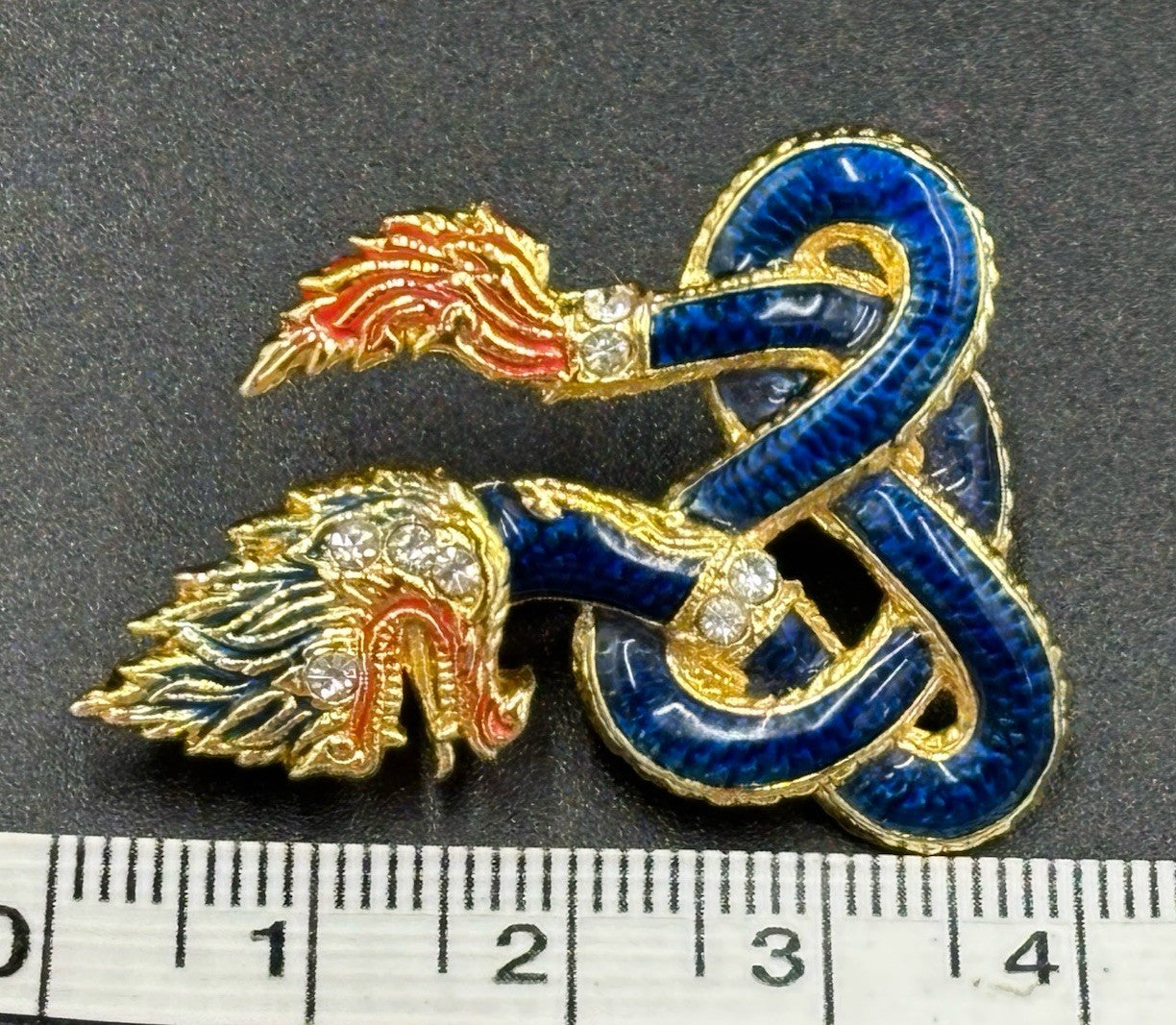 Vintage Thai Naga Serpent Brooch Blue Enamel Dragon Rhinestone Pin
