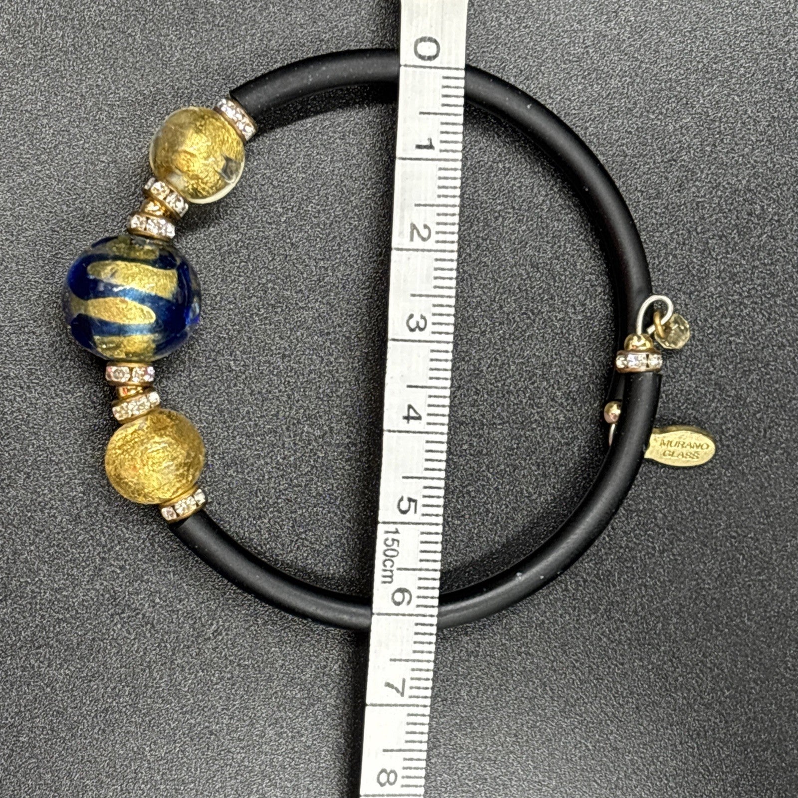 Vintage Murano Glass Bracelet Italy Blue Gold Beads with Rhinestone Accents