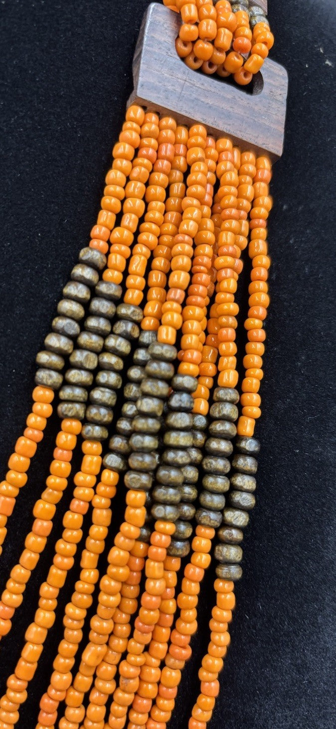 Vintage Tribal Orange Beaded Multi-Strand Necklace Wood Clasp Boho Ethnic