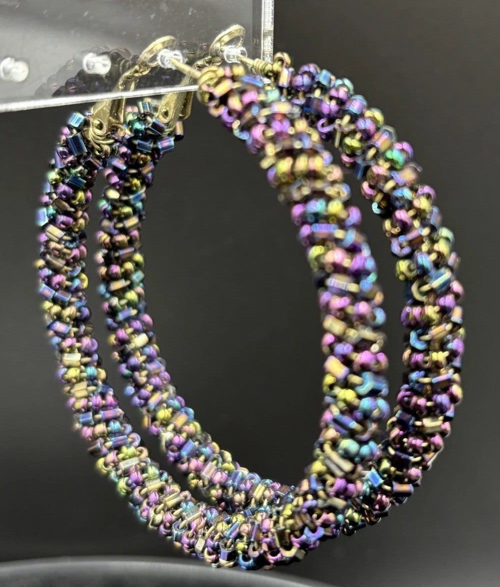 Vtg Earrings Kumihimo Beaded Peacock Earrings Large Multicoloured. ￼