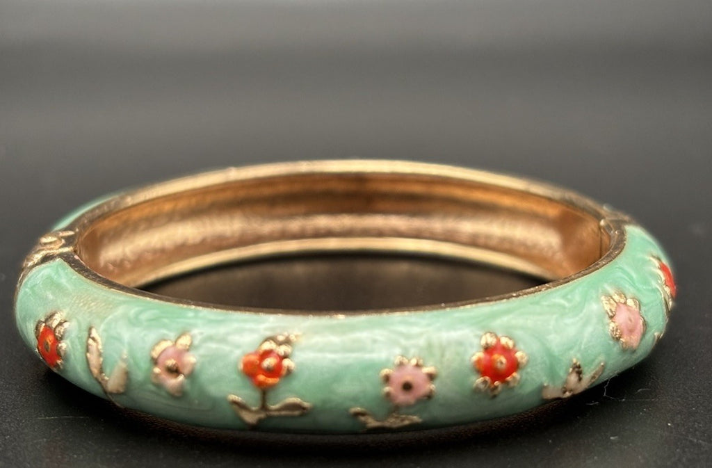 Cloisonne Enamel Baby Bangle Floral Gold Tone Hinged Child Small Size