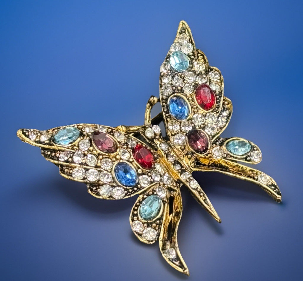Vintage Gold Tone Butterfly Rhinestone Brooch Multicolour Glass