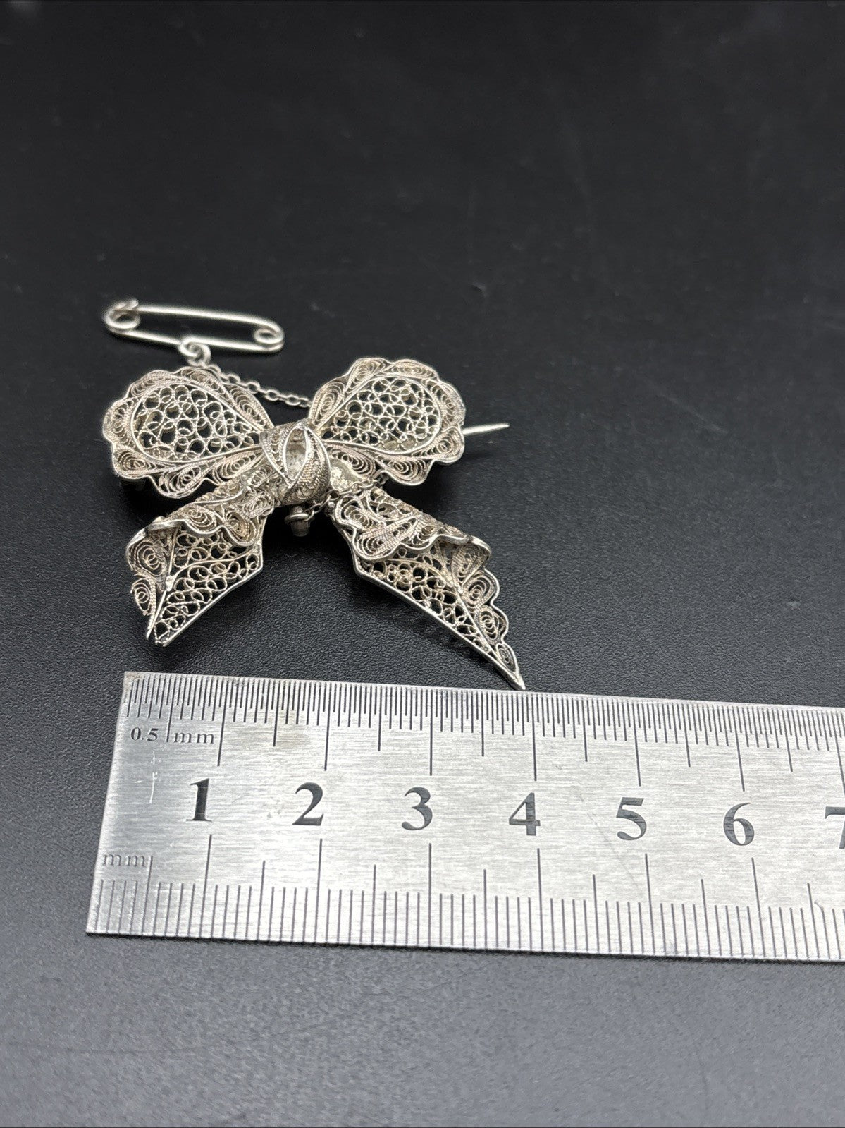 Vintage Sterling Silver Filigree Bow Brooch Safety Chain Art Deco Pin