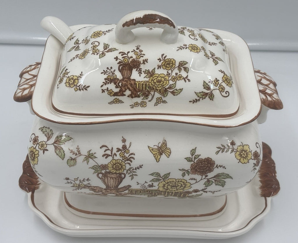 Vintage Soup Tureen Set Floral Transferware Lid Tray Ladle Ceramic