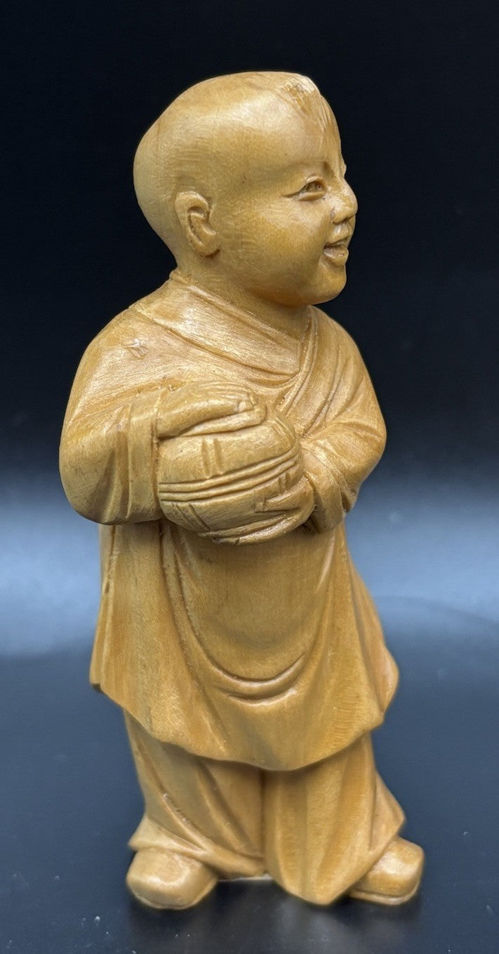 Vintage Chinese Hand Carved Wooden Monk Child Figurine Holding Bowl PRC