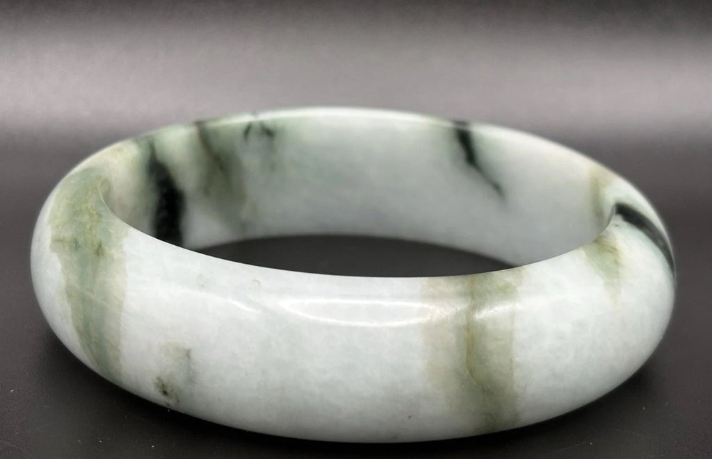 Natural Burmese Jadeite Jade Bangle Moss In Snow Heavy Carved Vintage Bracelet