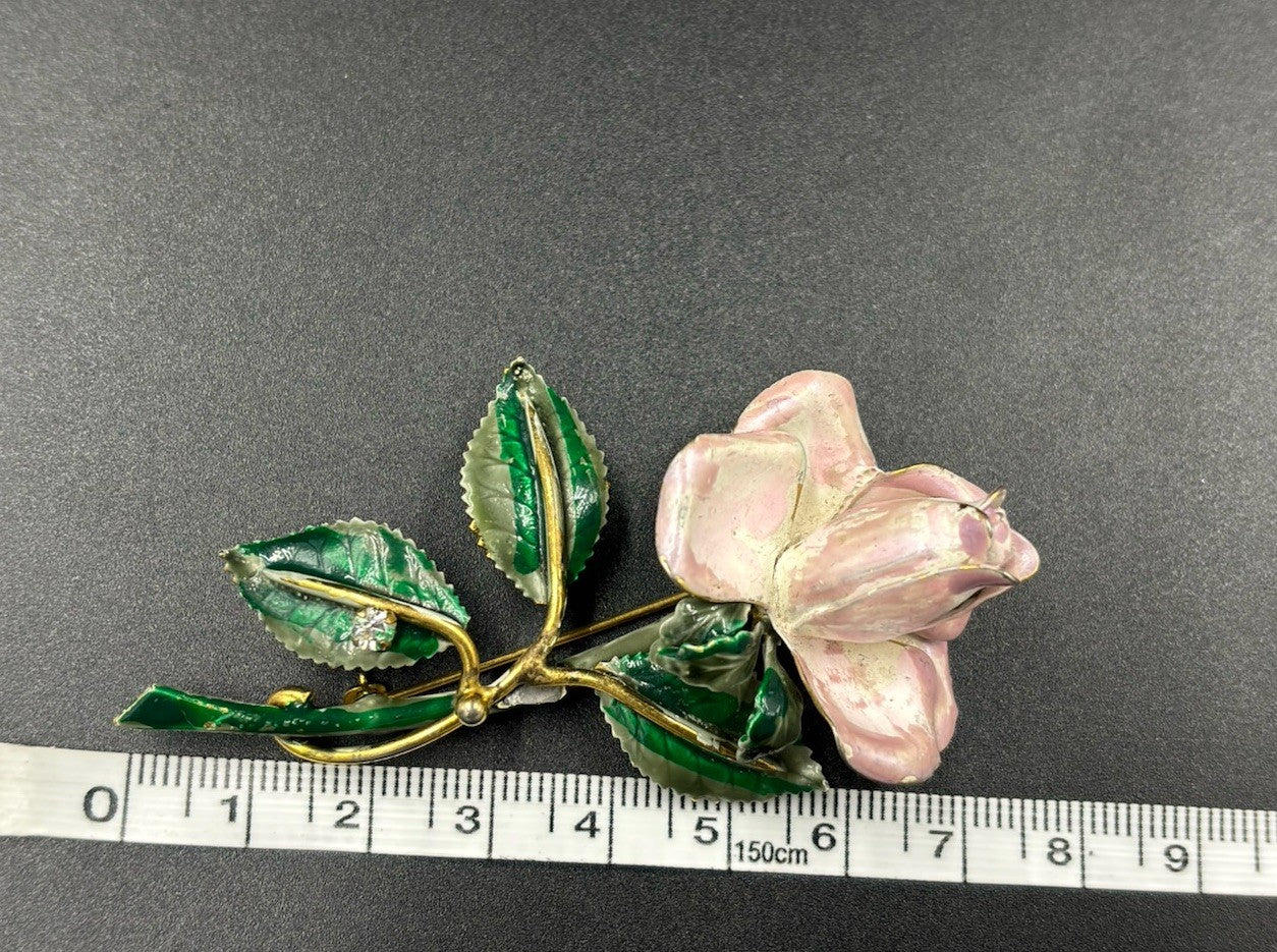 Rare Sandor Goldberger Pink Enamel Rose Brooch Pin Gold Tone Vintage